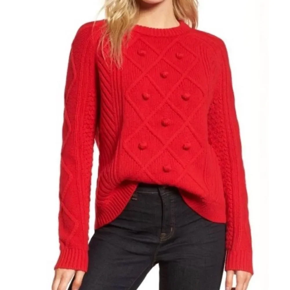 J. Crew Hawthorne Cable Knit Pom-Pom 100% Wool Sweater